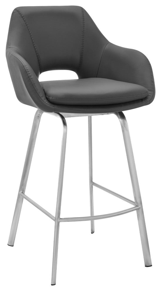 Aura Gray Faux Leather and Brushed Stainless Steel Swivel 30" Bar Stool