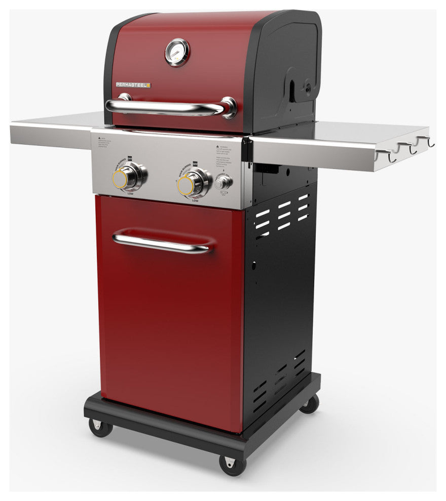 Permasteel 2 Burner Gas Grill with Folding Side Shelves, Red
