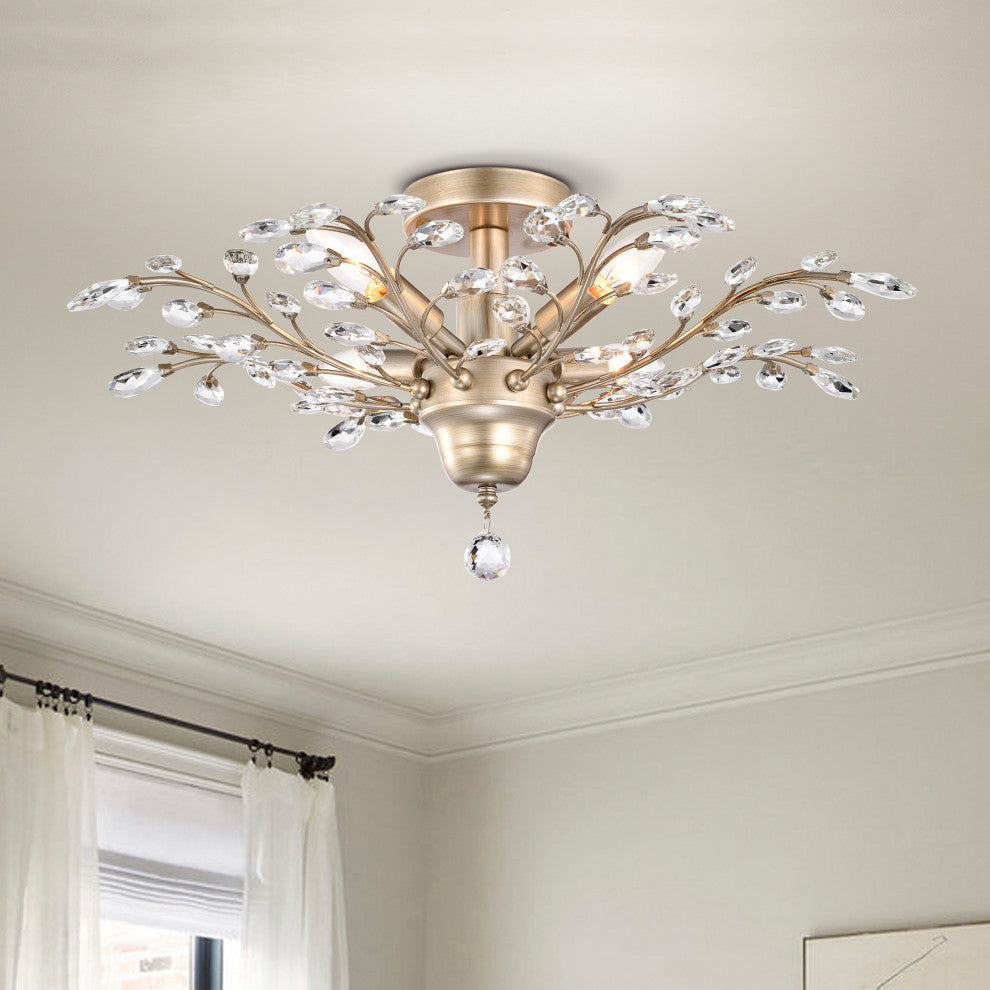 Cathy 4-Light Crystal Leaves Flush Mount in Brushed Champagne Silver Finish