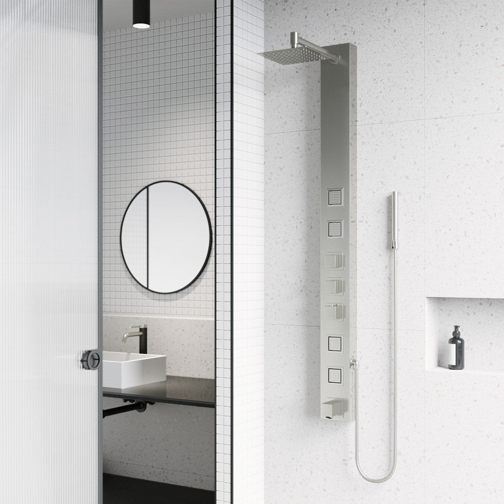 Bowery 58" H x 5" W 4-Jet Shower Panel with Square Shower Head and Tub Filler, Stainless