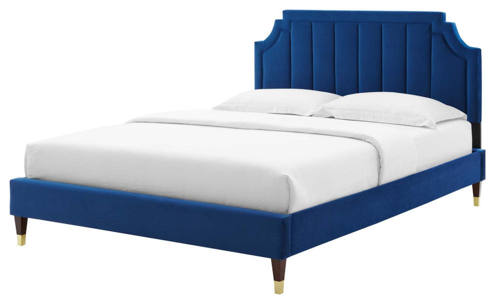 Platform Bed Frame, King Size, Velvet, Blue Navy, Modern Contemporary, Bedroom