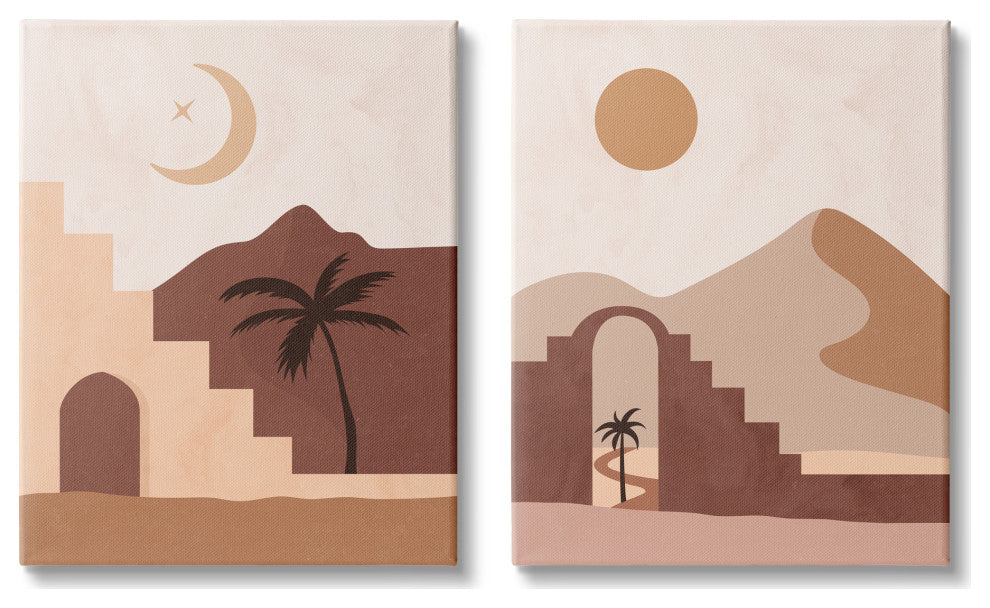 Desert Oasis Retreat Day Night Palm Dune Landscape, 2pc, each 24 x 30