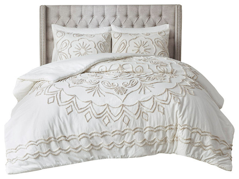 Madison Park Violette Tufted Medallion Comforter/Duvet Cover Set, Ivory Taupe