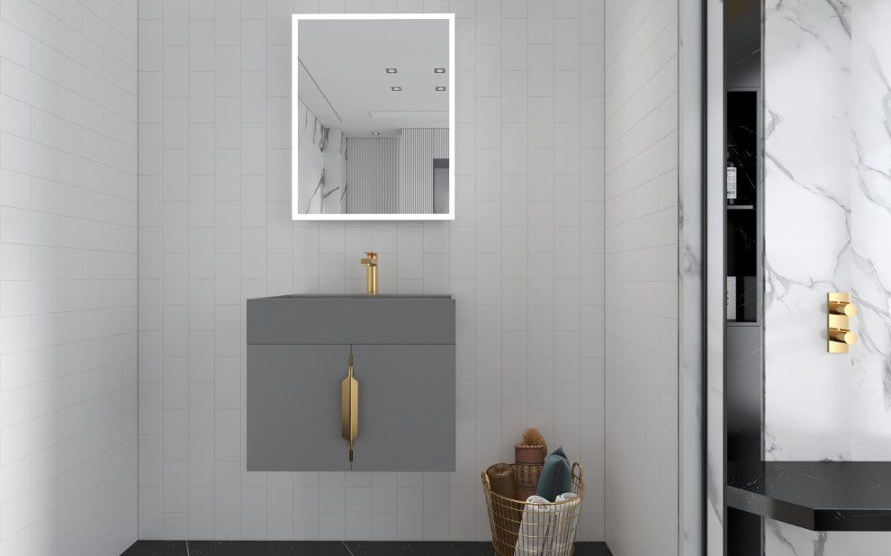 CastelloUSA Amazon 24" Wall Mounted Bathroom Vanity Set, Gray, Gray Top, Gold