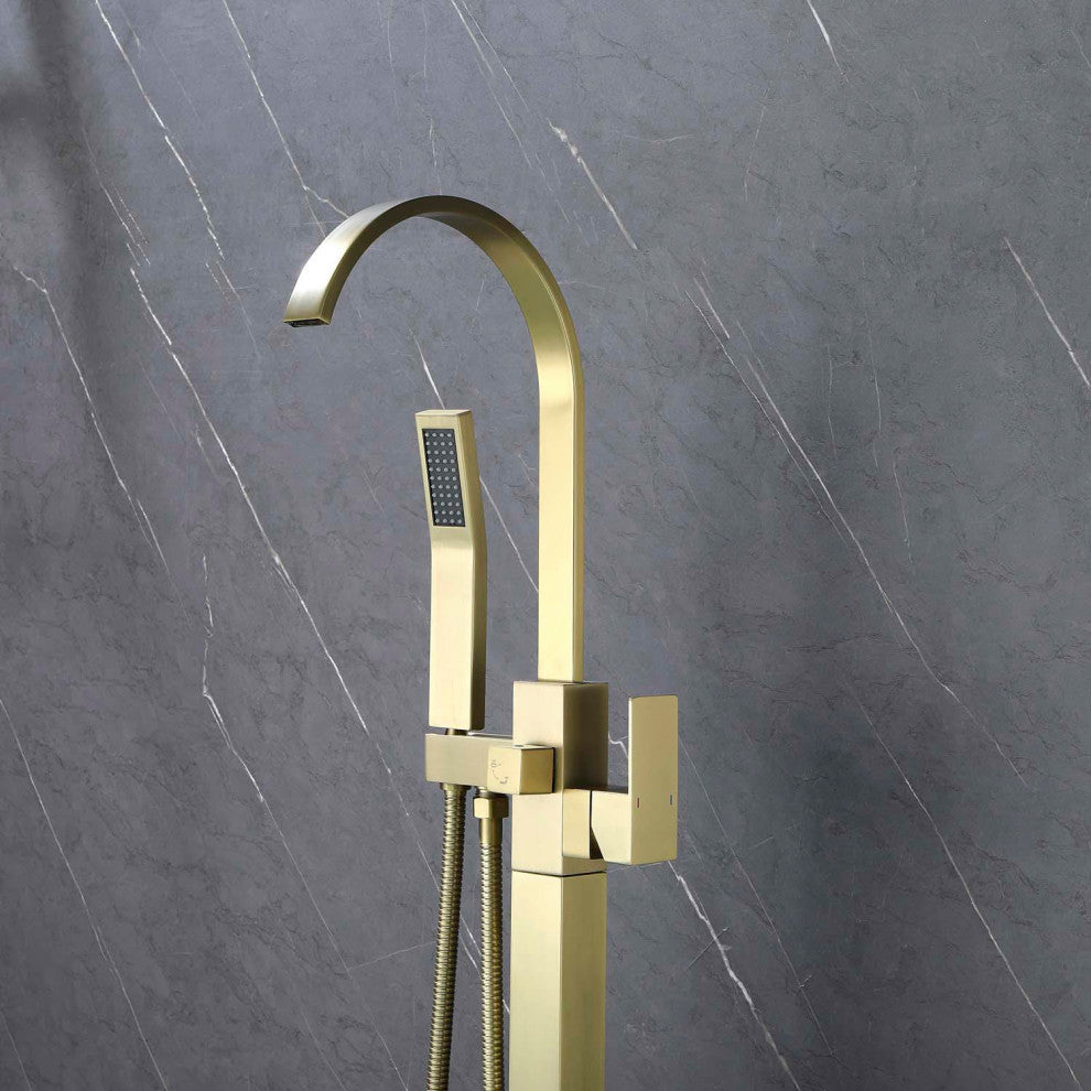 Givingtree Free Standing Single Handle Bathtub Faucet, Matte Black, Gold