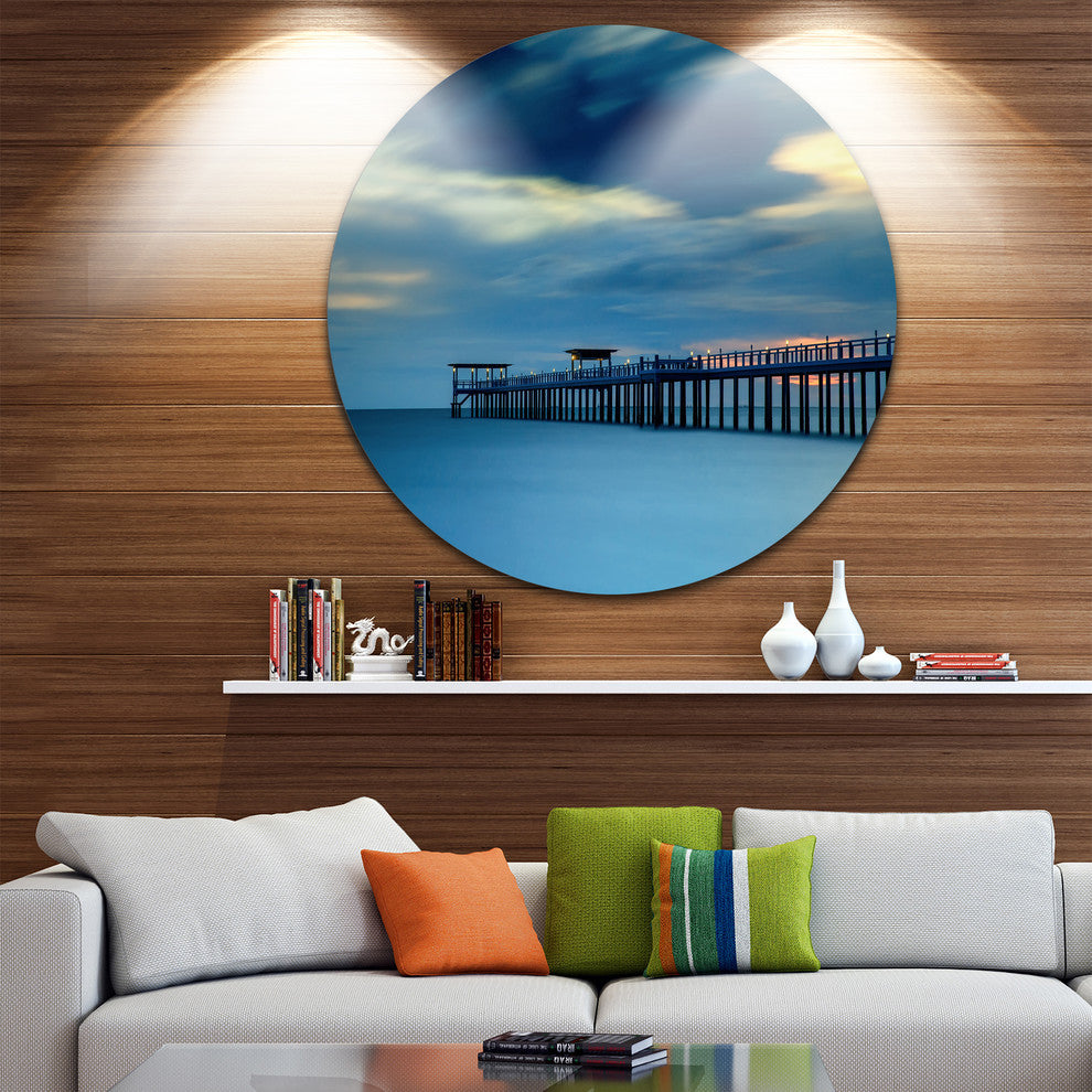 Wooden Pier And Turquoise Seashore, Seascape Round Metal Wall Art, 11"