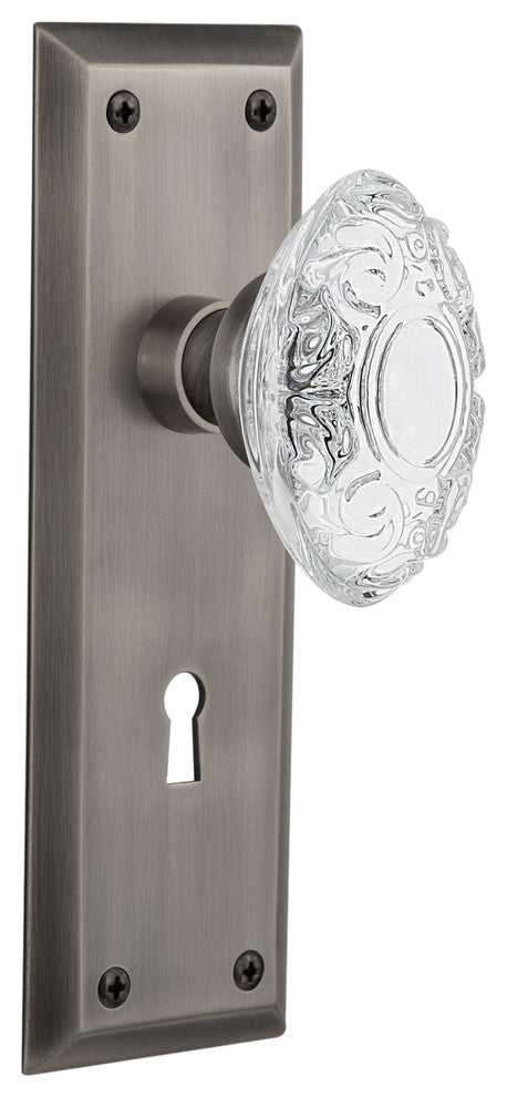 New York Plate Double Dummy, Keyhole Crystal Victorian Knob, Antique Pewter