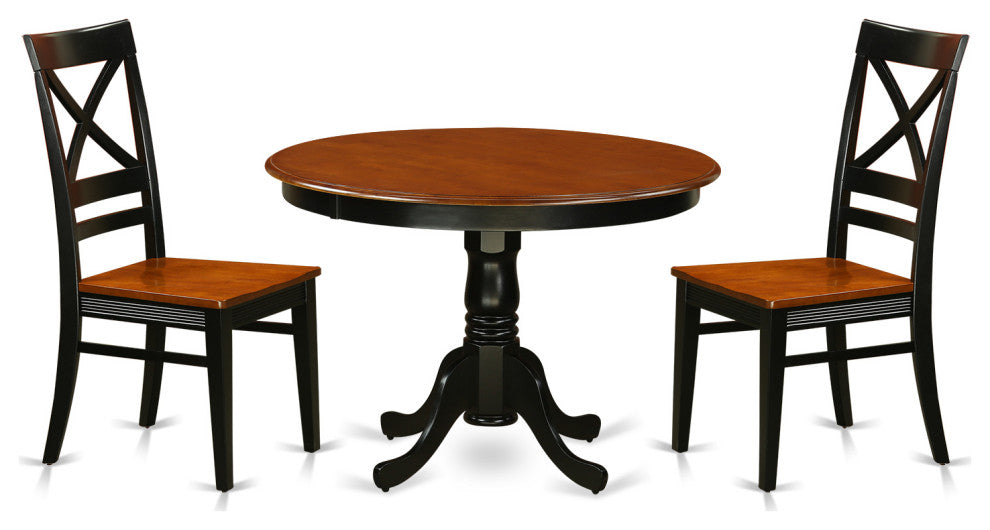3 Pc Set, Round Dinette Table And 2 Leather Kitchen Chairs In Black And Cherry