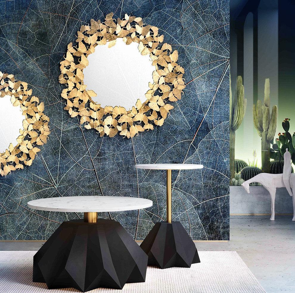 Round White Marble Side Table, Black Gold End Table, Glam Cocktail Table