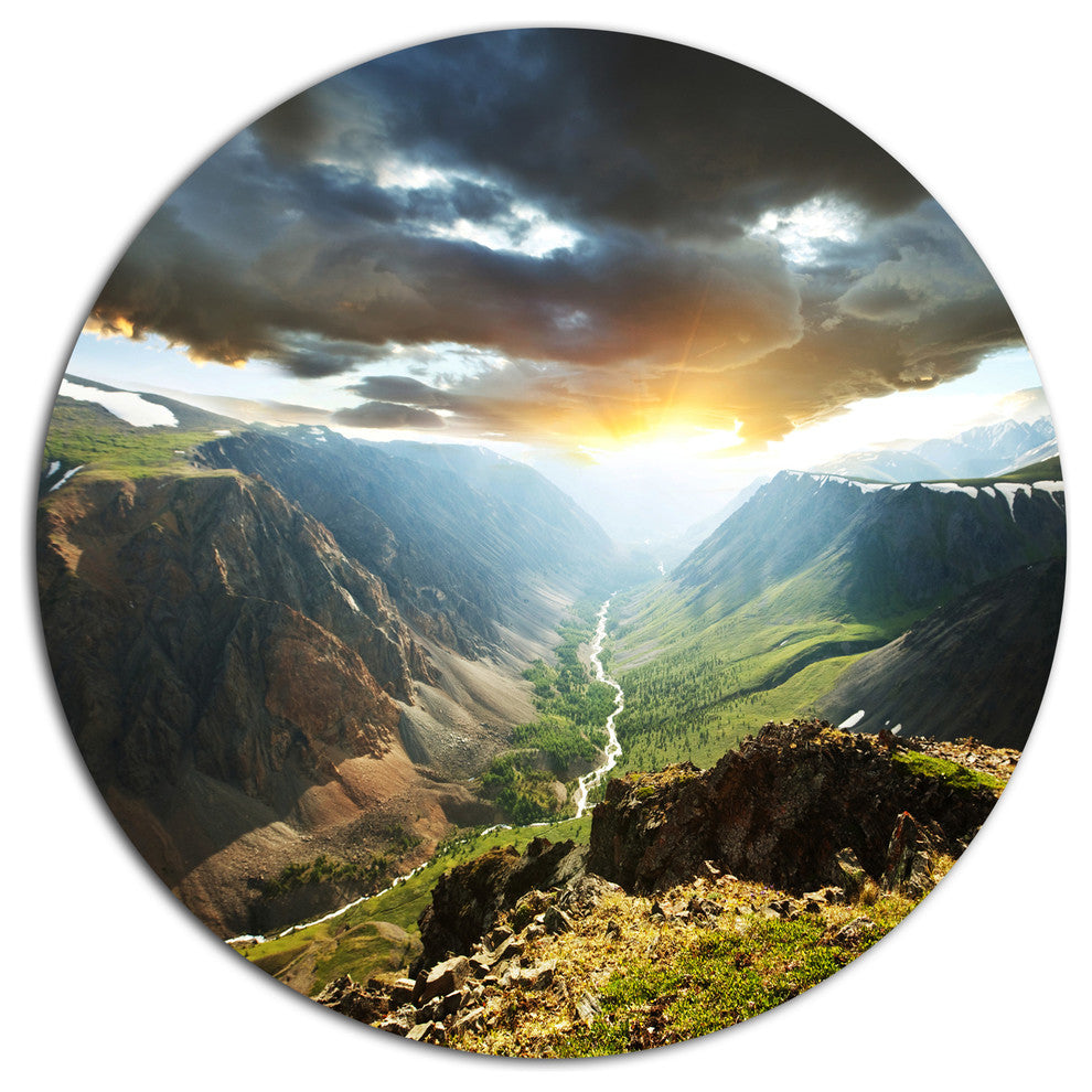 Clouds Touching Mountains At Sunset, Landscape Round Wall Art, 11"