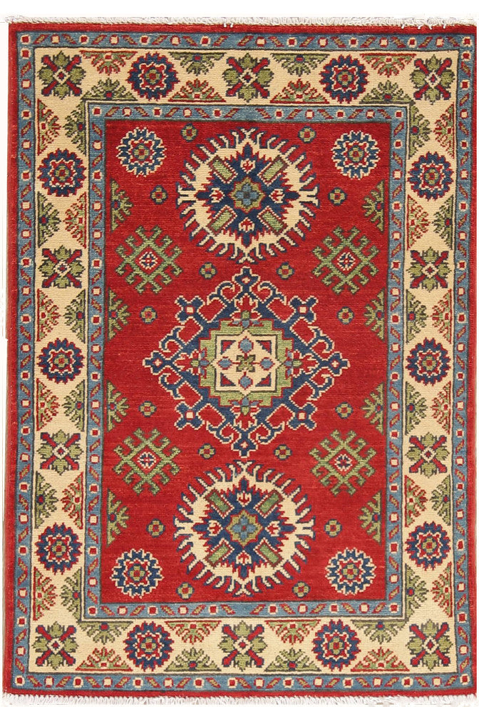 Pakistani Hand-Knotted Oriental Traditional Kazak Wool Area Rug, Red, 3'11"X2'8"