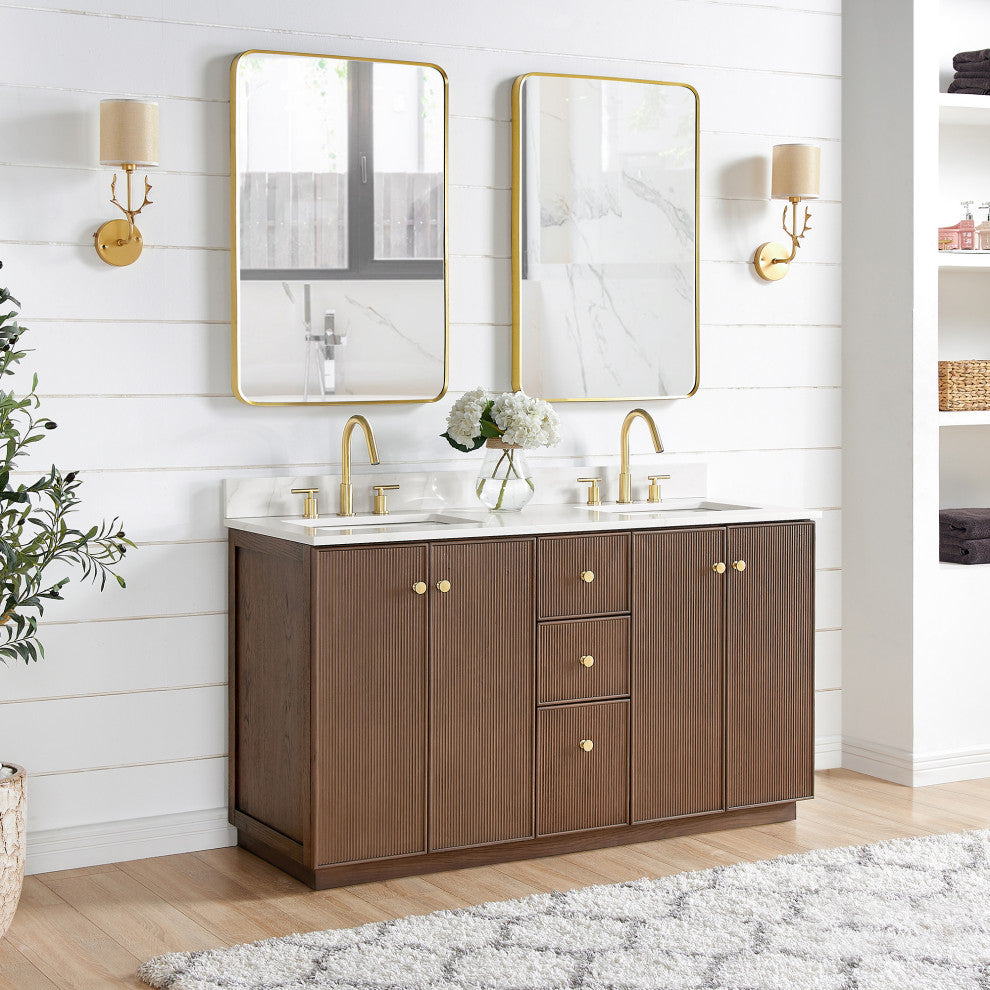 Oza Bath Vanity with Quartz Stone Top, Aged Dark Brown Oak, 60", Double Vanity, No Mirror