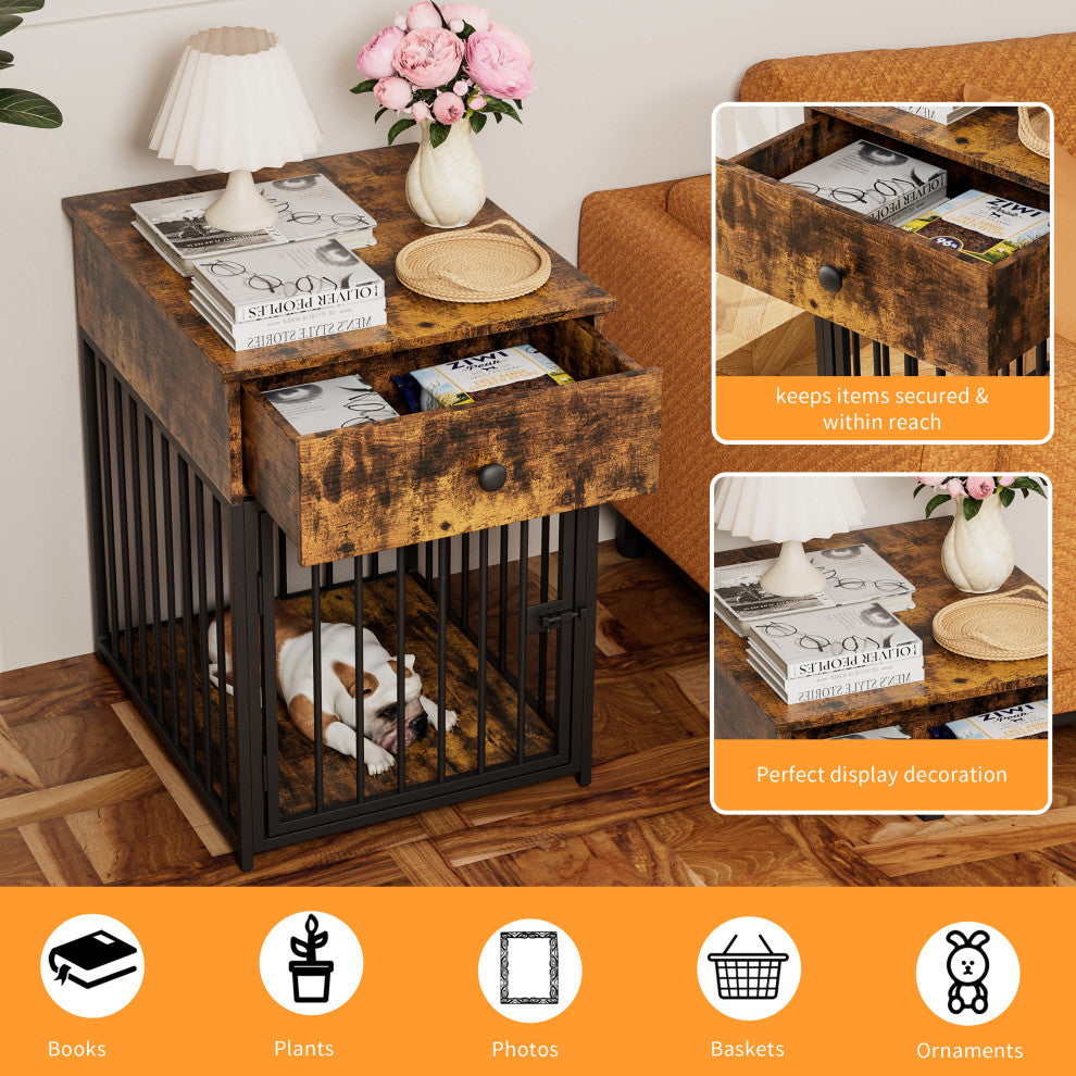 TATEUS Decorative Dog Crate with Drawer & End Table for Small Dogs, Brown
