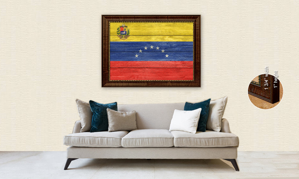 Venezuela Country Textured Flag Print With Brown Gold Frame, 19"X27"