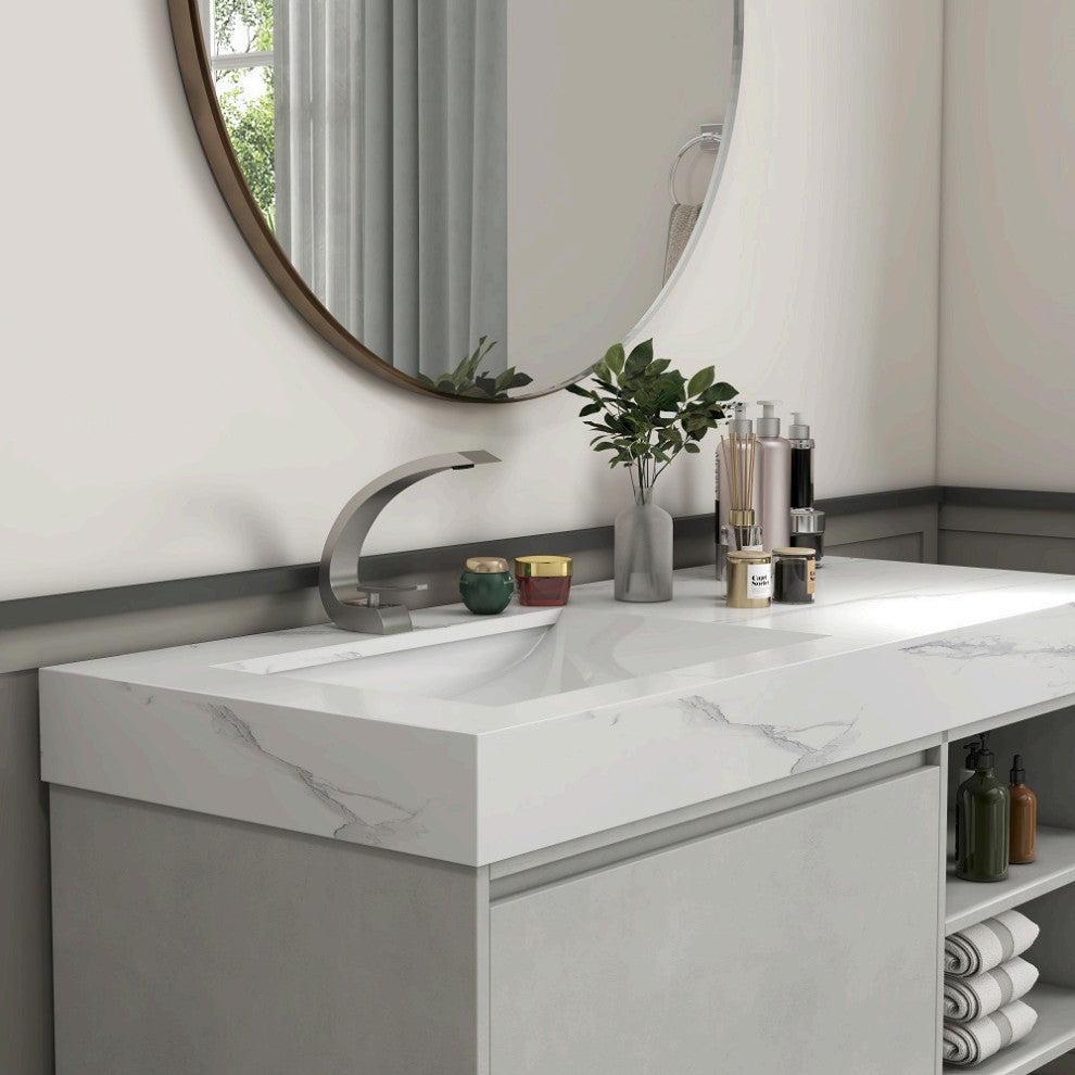 Single Hole 1-Handle Bathroom Sink Faucet Curved Spout with Pop Up Drain, Brushed Nickel