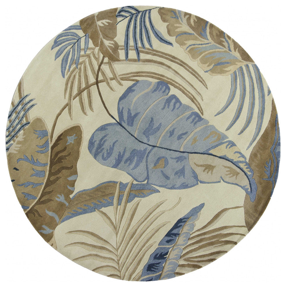 HomeRoots 8' Ivory Blue Hand Tufted Tropical Leaves Round Indoor Area Rug