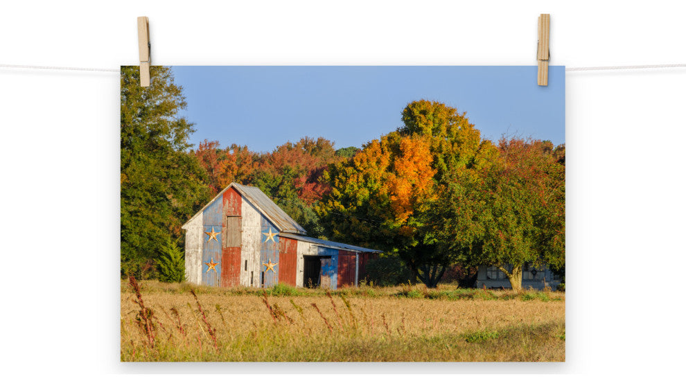 Patriotic Barn in Field Landscape Photo, Rural Unframed Wall Art Print, 12" X 18"