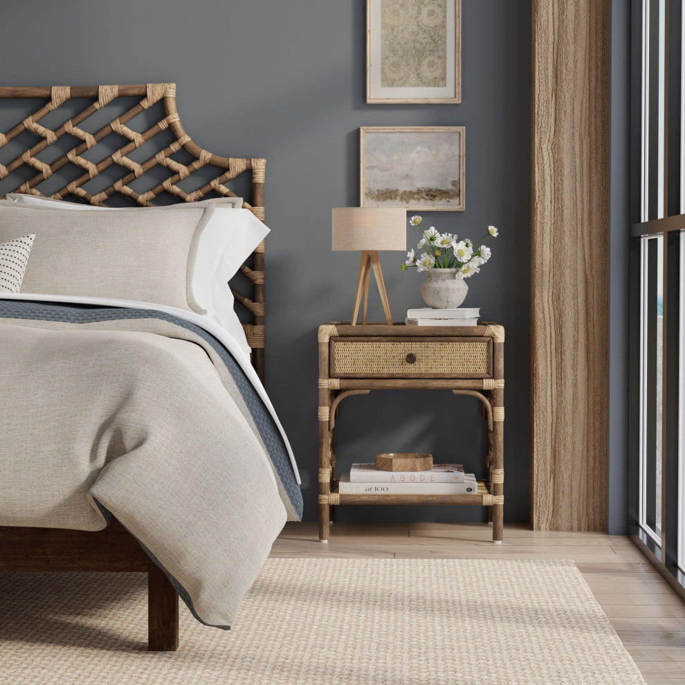 Rattan Chippendale Bedside Table, Natural, Antique Brown