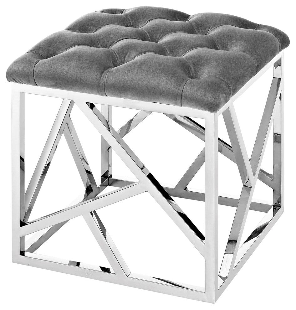Modern Accent Chair Ottoman, Velvet Fabric Metal Steel, Gray