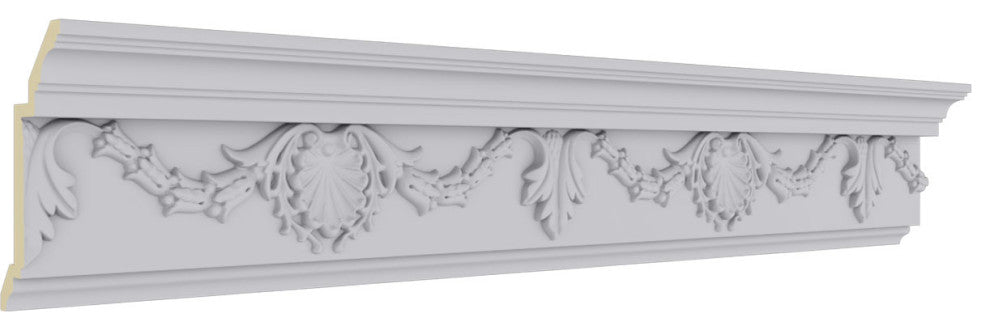 6 1/4"Hx3 3/8"Px7"Fx96 1/8"L, 16" Repeat, Shell Crown Moulding