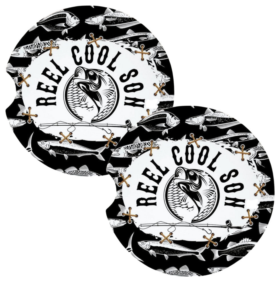 Reel Cool Son Black and White Fishing Coasters for Car Cup Holders Set of 2