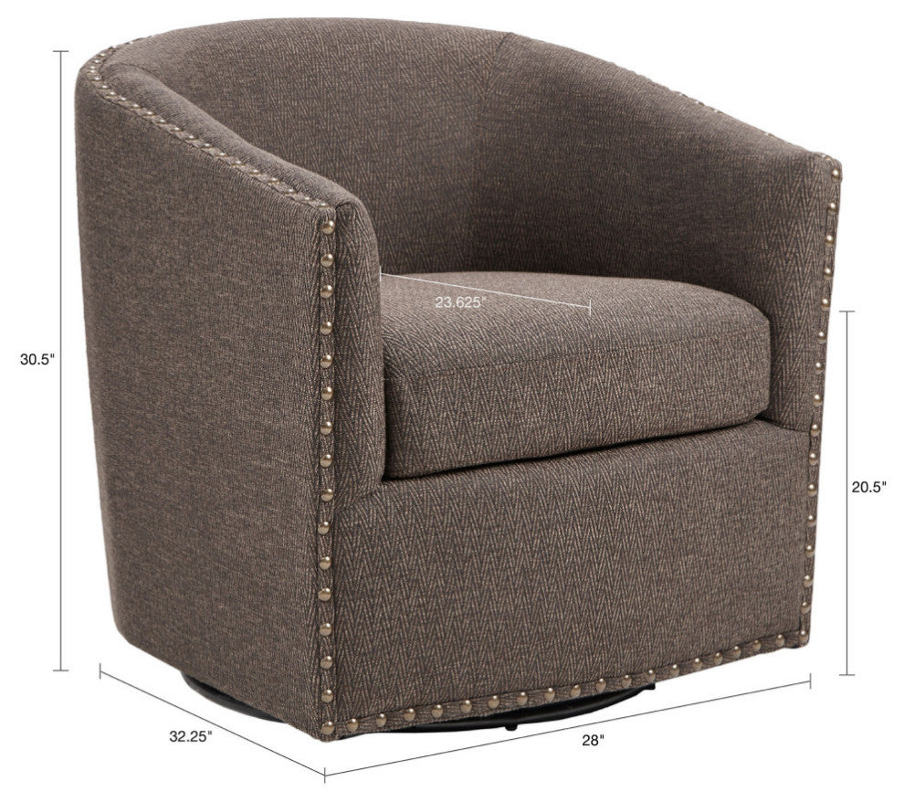 Madison Park Tyler Upholstered Swivel Barrel Chair with Nailheads, Chocolate