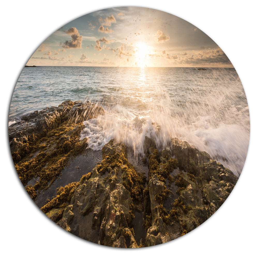 Sea Waves Impact On Rocky Shore, Beach Large Disc Metal Wall Art, 36"