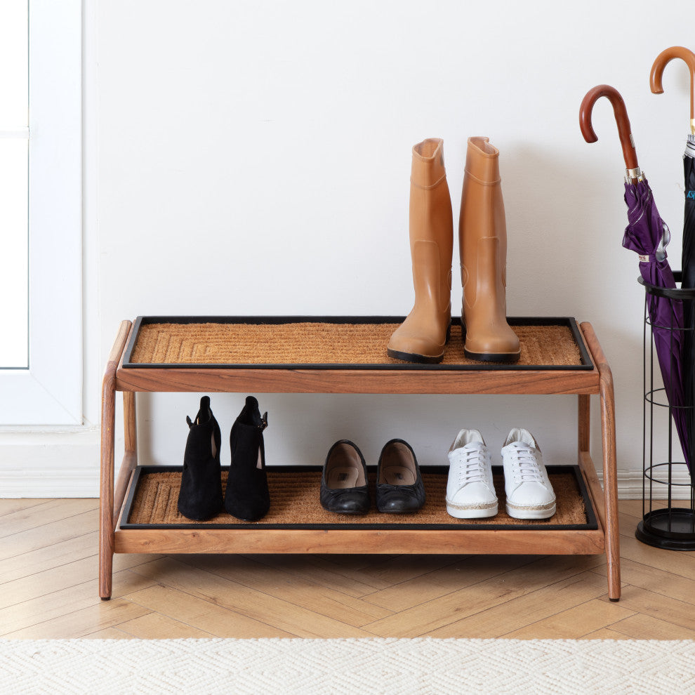 Double-Tier Natural Stand With 3-Pair Rubber Boot Trays Rectangle Ripple