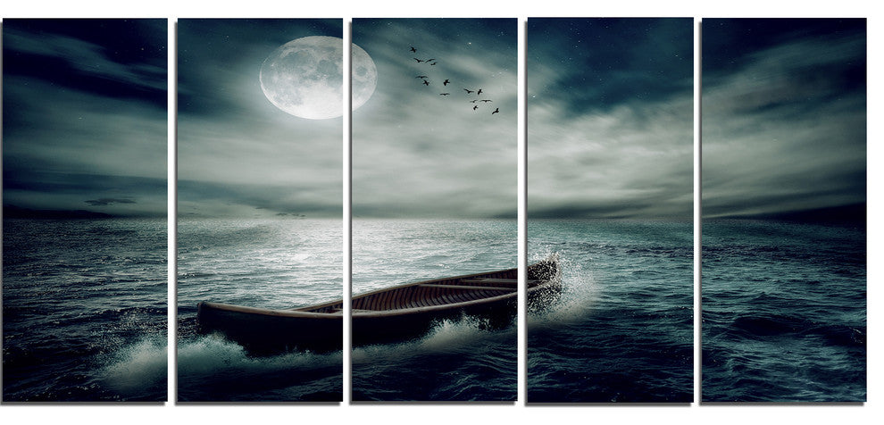 Boat Drifting Away After Storm, Seashore Canvas Print, 60"x28", 5 Panels