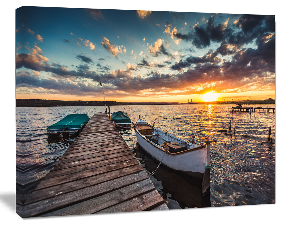 Boats and Jetty under Dramatic Sky, Modern Canvas Art Print, 60"x28"