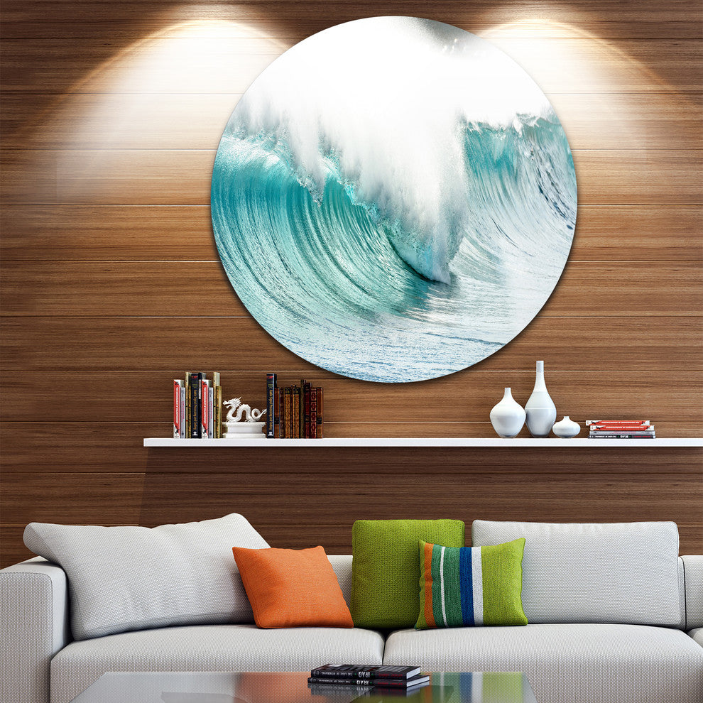 Massive Blue Waves Breaking Beach, Seascape Disc Metal Wall Art, 11"