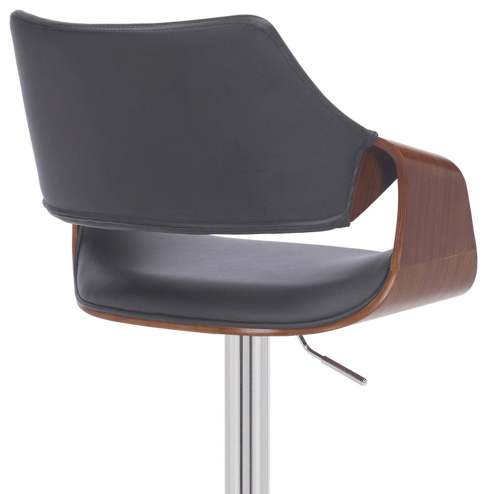 Gray Faux Leather and Walnut Wood and Chrome Swivel Adjustable Bar Stool
