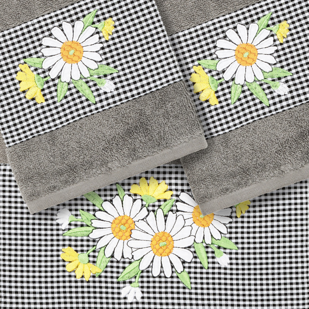 Linum Home Turkish Cotton Daisy 3-Piece Embellished Towel Set, Dark Gray