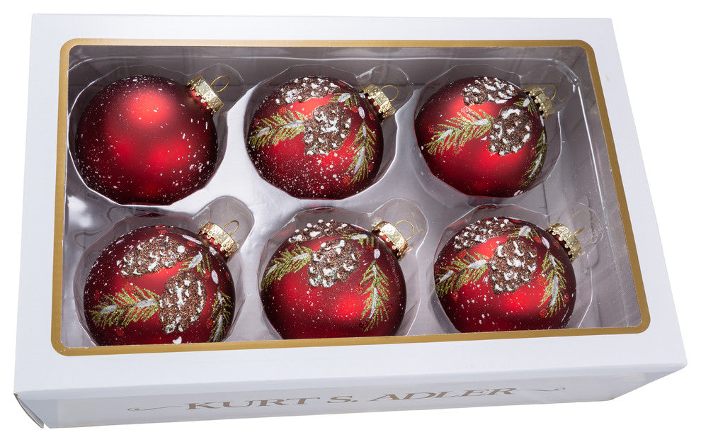 Kurt Adler 80MM Glass Red With Pinecone Design Ball Ornaments, 6 Piece Box Set