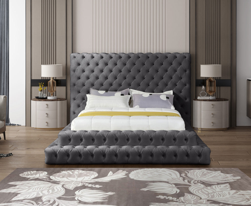 Revel Velvet Upholstered Bed, Gray, Queen