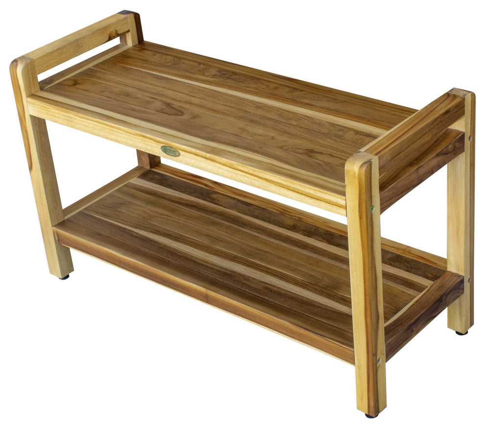 HomeRoots Rectangular Teak Shower Bench With Handles, Natural Finish