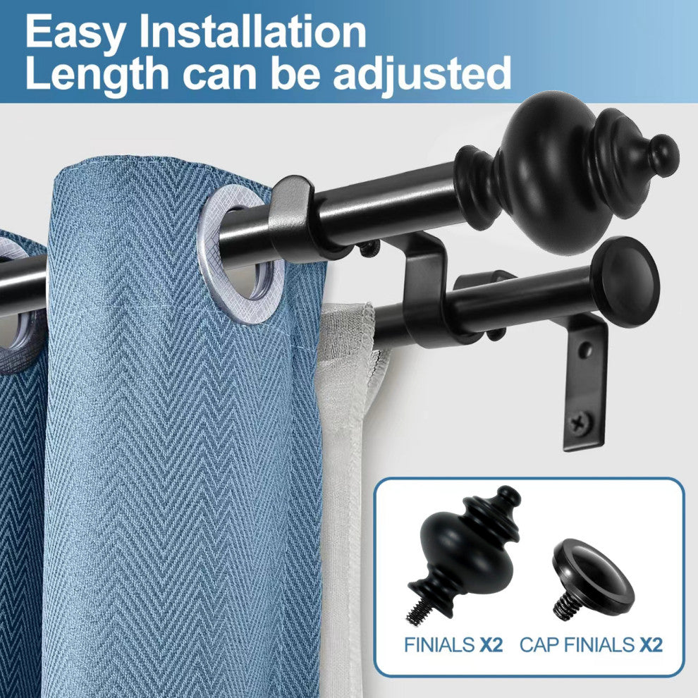 Round Urn Adjustable Double Curtain Rod Set, 5/8", Black, 48"-84"