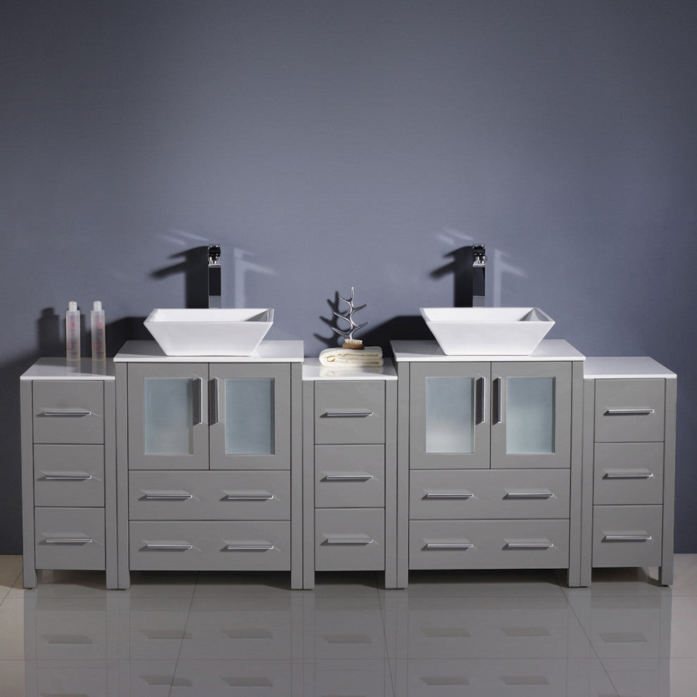 Torino Double Sink Bathroom Cabinets With Tops and Vessel Sinks, Gray 84"