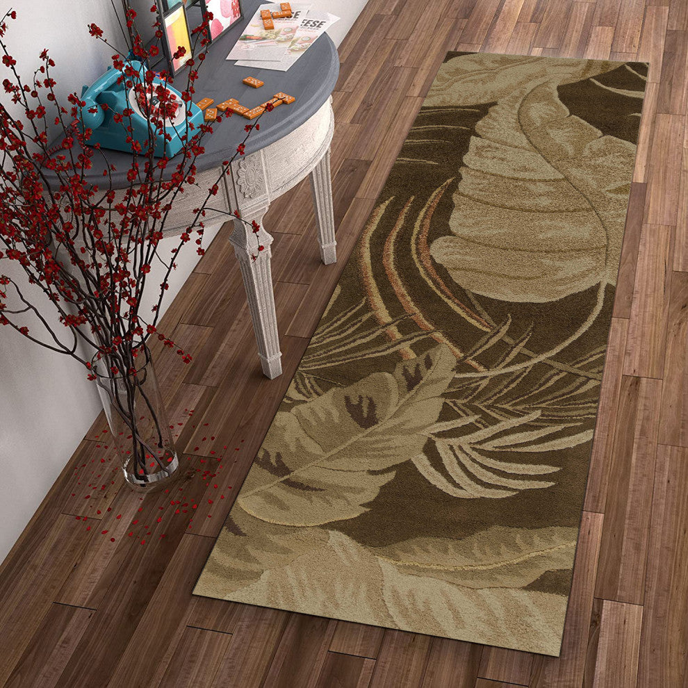 HomeRoots 8' Mocha Brown Hand Tufted Tropical Leaves Indoor Runner Rug