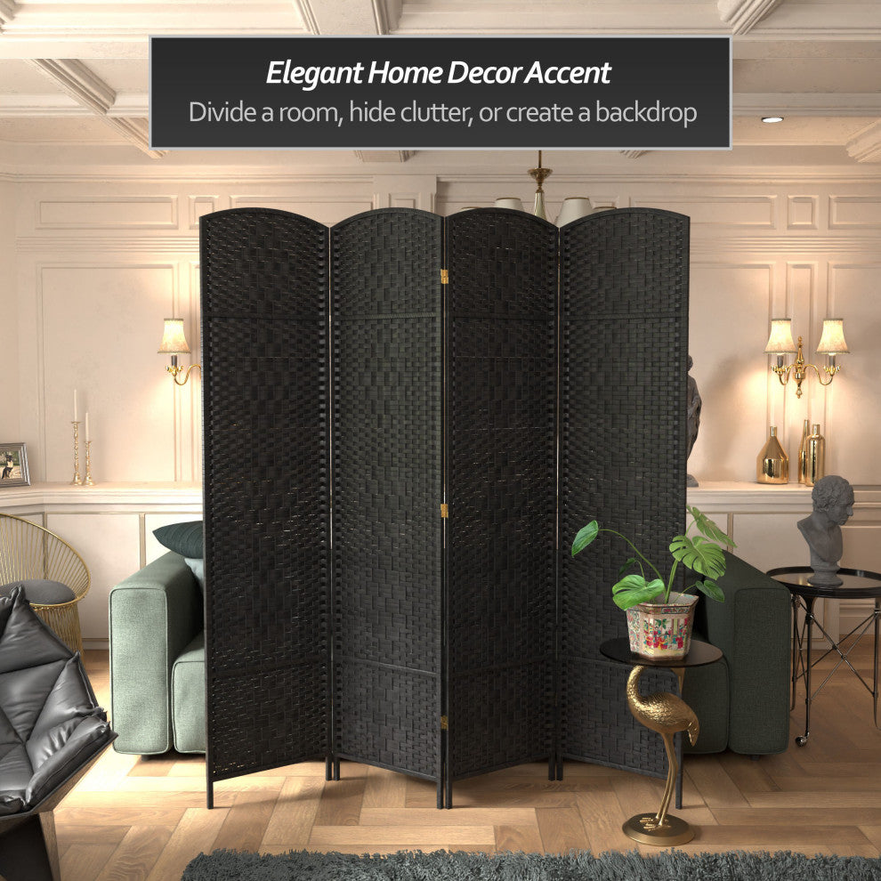 7' Tall Diamond Weave Room Divider, Black, 4 Panels