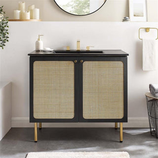 Modway Chaucer 36" Wood & Rattan Bathroom Vanity with Adjustable Shelf in Black