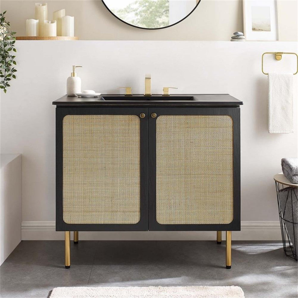 Modway Chaucer 36" Wood & Rattan Bathroom Vanity with Adjustable Shelf in Black