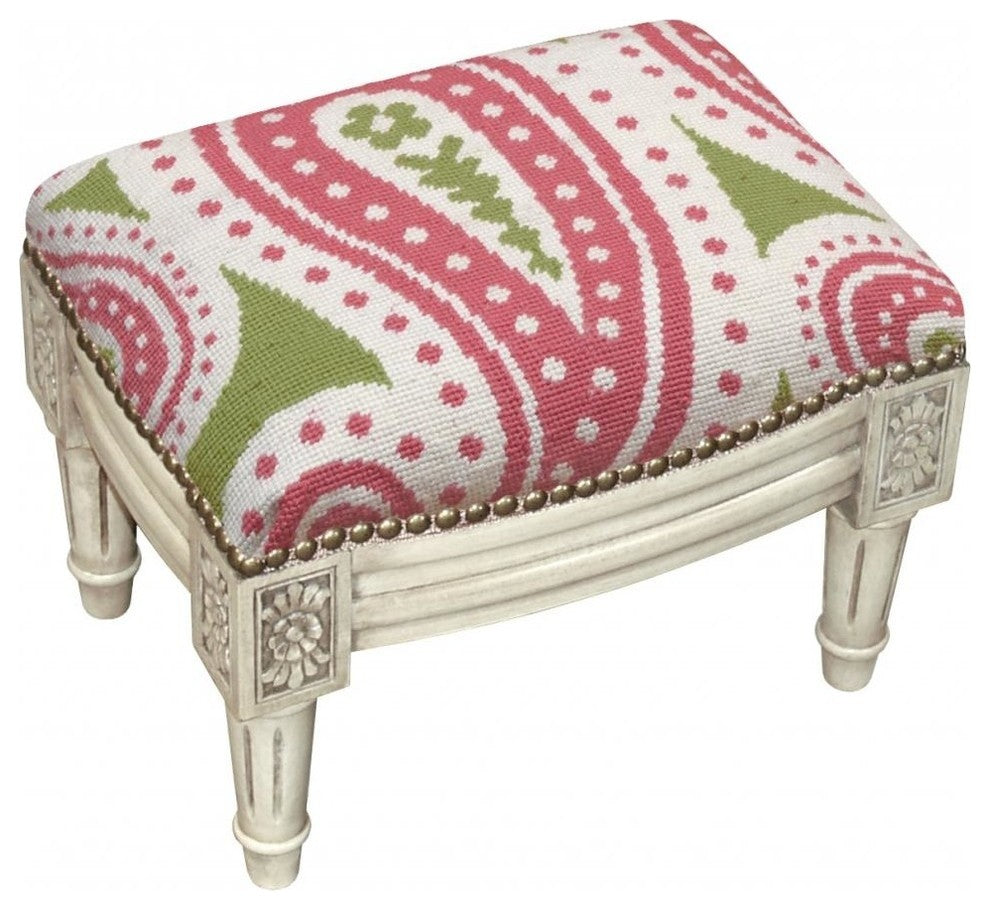 Paisley Wool Needlepoint Wooden Footstool, Pink and Green With Antique White Was