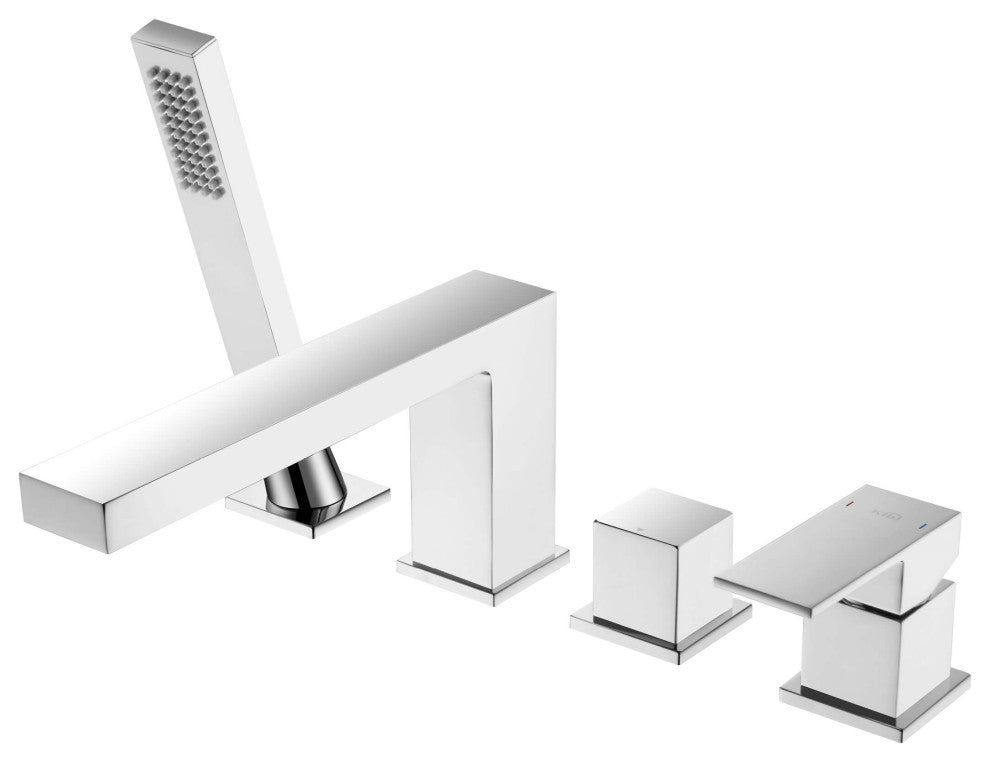 Cube Deck Mounted Bathtub Faucet With Hand Shower, Chrome