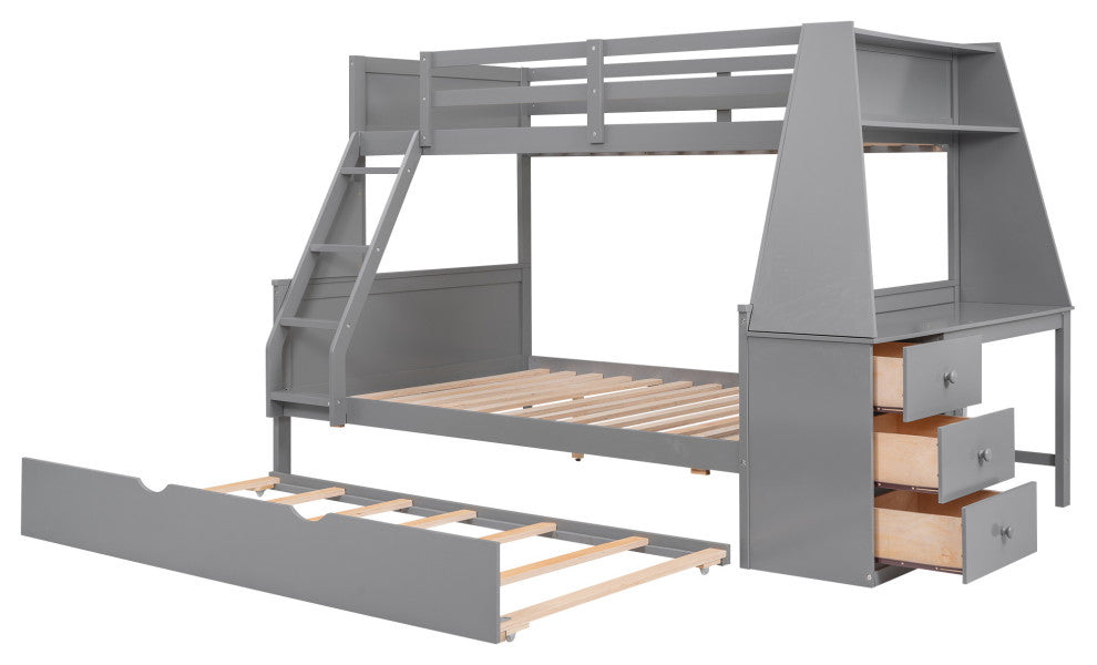 Gewnee Twin Over Full Bunk Bed with Desk Trundle and Built-in Desk  in Gray