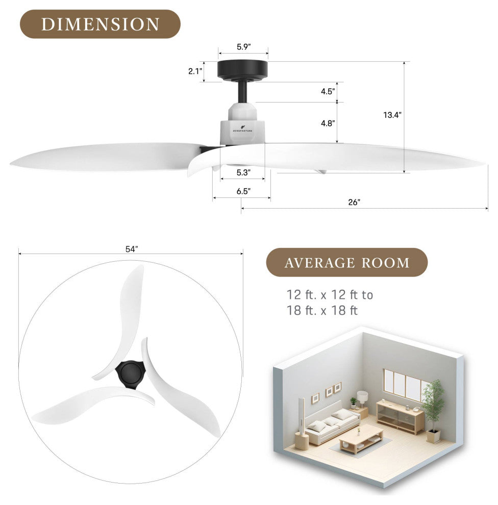 54 in. Indoor White Modern Ceiling Fan without Light
