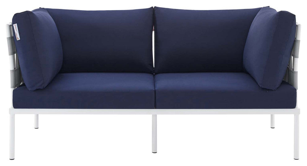 Lounge Loveseat Sofa, Sunbrella, Aluminum, Metal, Gray Blue Navy, Outdoor