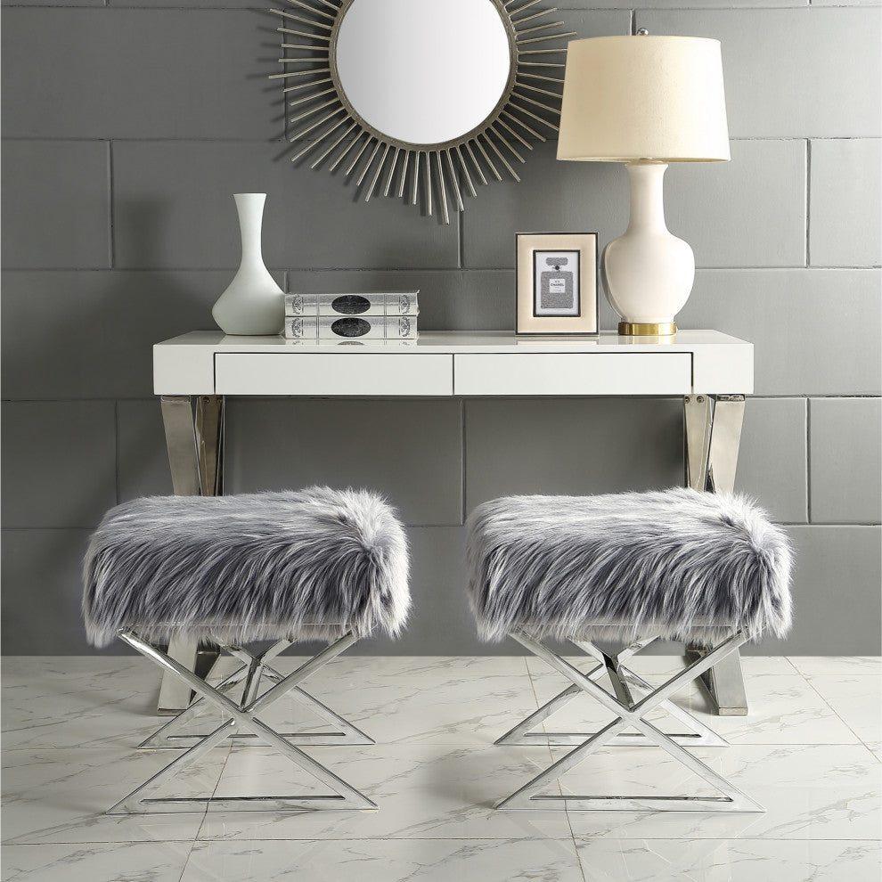 Oria Faux Fur X-Leg Chrome Base Ottoman, Gray/Chrome