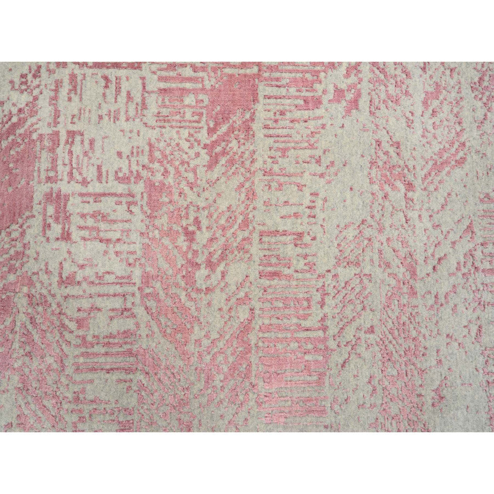 Rose Pink All Over Design Wool and Art Silk Jacquard Hand Loomed Rug, 10'x14'