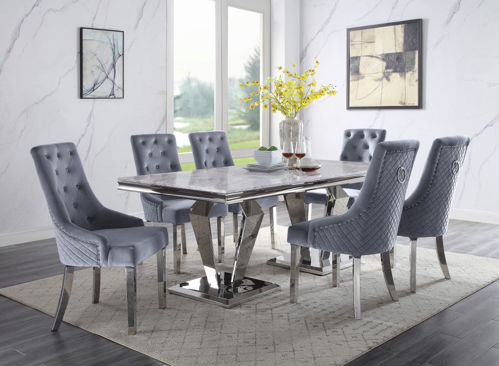 Satinka Dining Table, Light Gray Printed Faux Marble and Mirrored Silver Finish